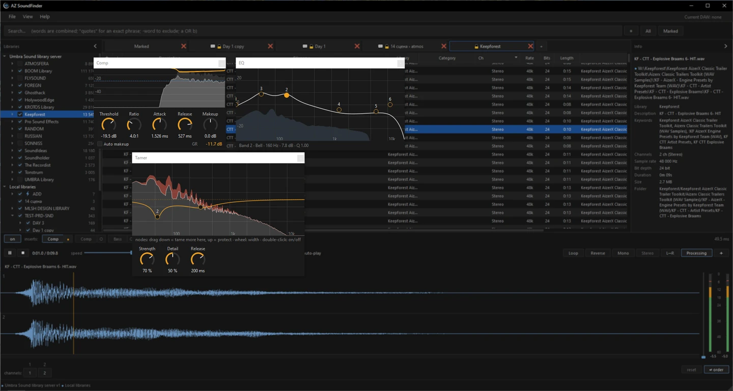 Compressor, EQ and Tamer windows