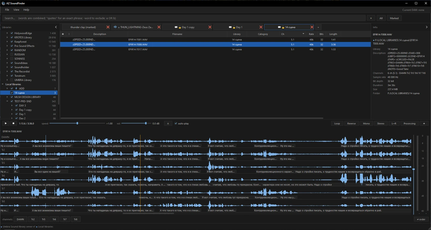 Dialogue take with its transcript on the waveform